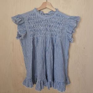 By Anthropologie Womens Size Medium High Neck Blue & White Striped Smocked Shirt